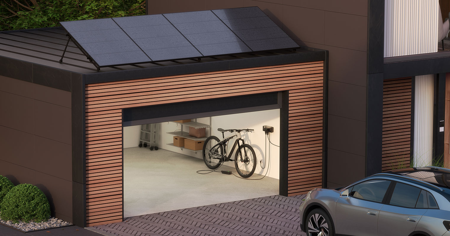 IQ-Balcony-Solar-System- Garage with solar panels on the top and a plug in space inside the garage